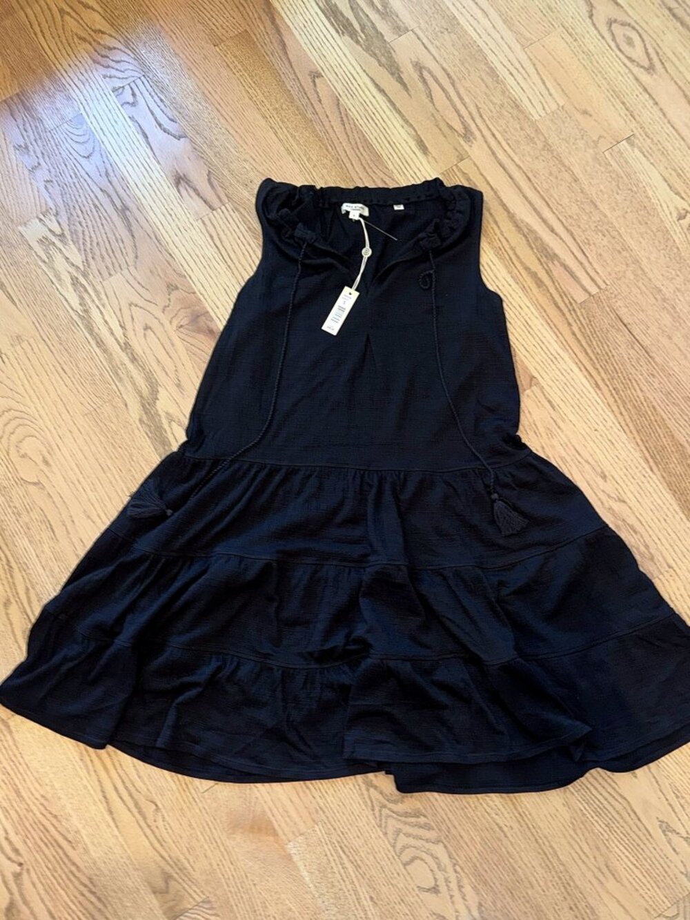 NWT Max Studio Black Tassel Tie Sleeveless Tiered Shift Dress S